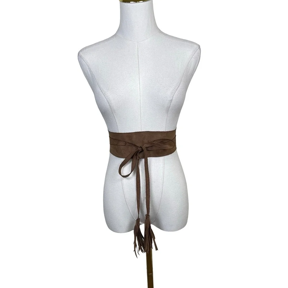 Vintage Faux Suede Tassel Wrap Obi Belt Women Brown Fringe Cinch Waist Boho